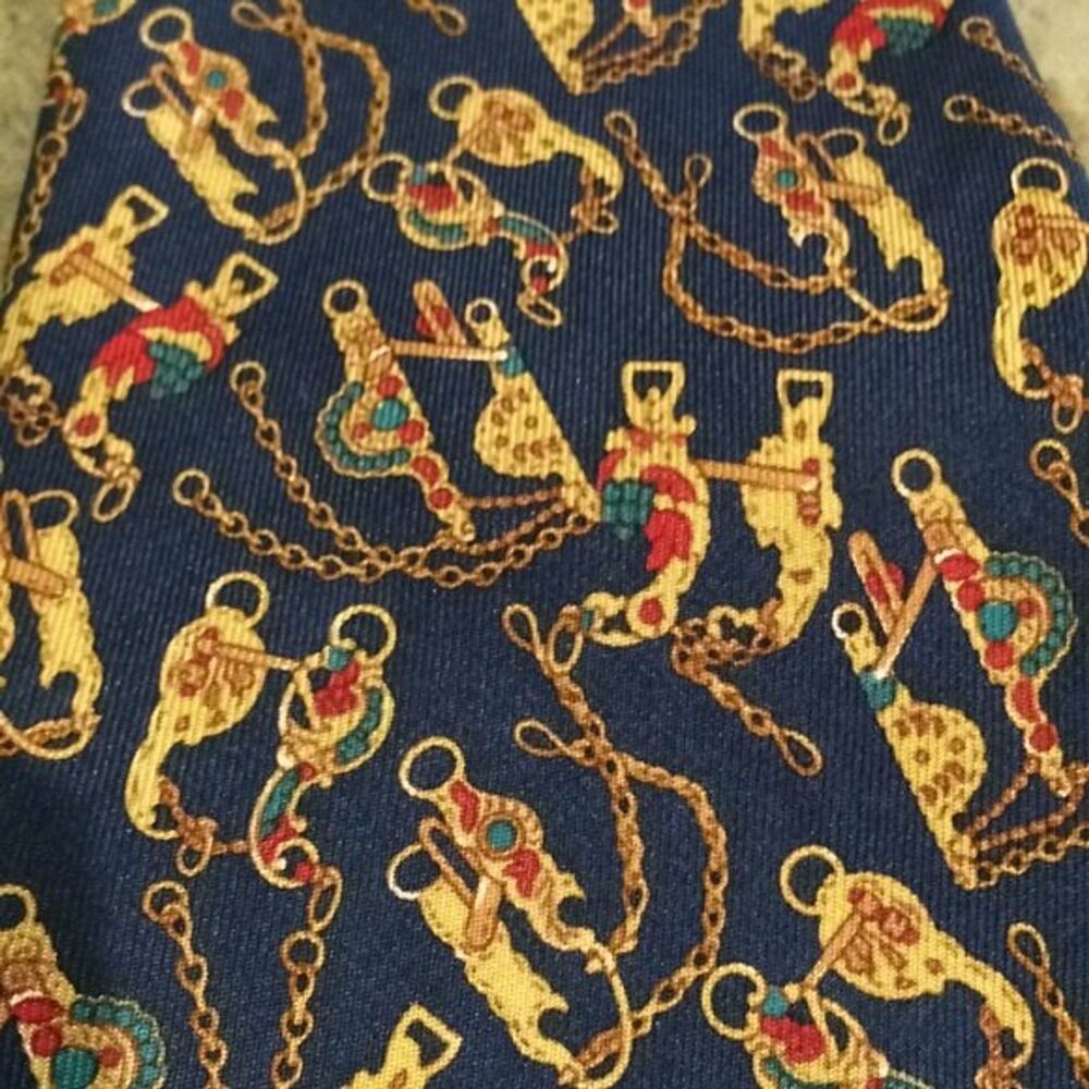 Salvatore Ferragamo Blue Gold Horse Bit Silk Tie Made in Italy Designer Preppy - Picture 3 of 10